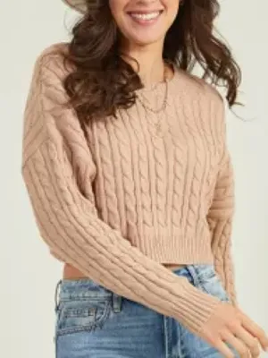 Altar’d State Cable-knit cropped crew-neck sweater size medium tan brown thumbnail 1