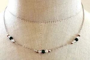 Vintage Sterling Silver Green Stone & Crystal Necklace Emerald Tone Beaded Neck thumbnail 1