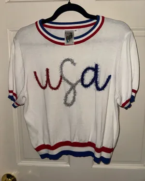 QUEEN OF SPARKLES White Short Sleeve Sweater with Red, Blue & Silver Trim thumbnail 1