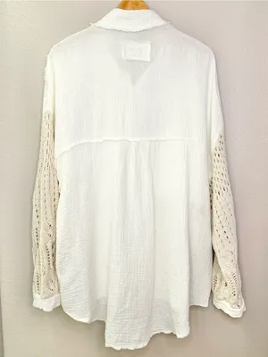 POL Openwork Crochet Lantern Sleeve Cotton Gauze Oversized Button Shirt Jacket thumbnail 6