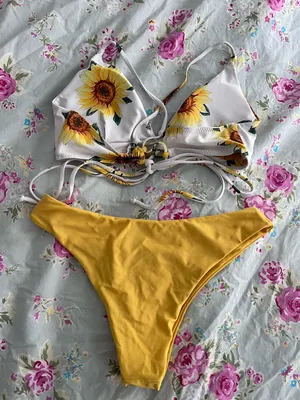 Sunflower Print Lace-Up Bikini Top with Mustard Bottoms thumbnail 2