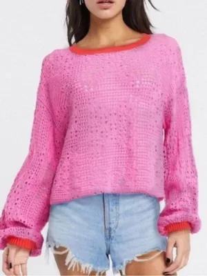 Free People Pink Crochet Knit Sweater Size Large Boho Fall Valentines Day thumbnail 1