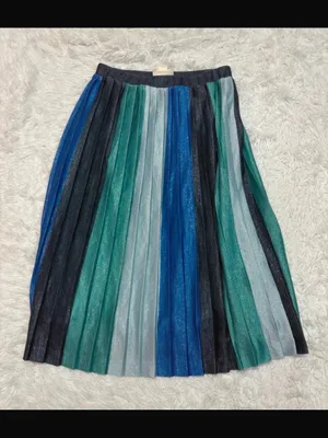Maeve Anthropologie Sunburst Metallic Blue Pleated Midi Skirt Paneled Patchwork thumbnail 2