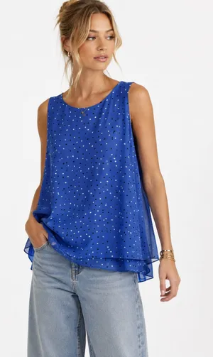 Ann Taylor Blue Sleeveless Blouse Womens S Layered Tank Top Preppy Flowy Shirt thumbnail 1