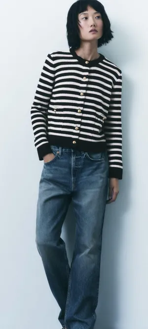 Zara button up sweater cardigan knitted stripped golden button thumbnail 6