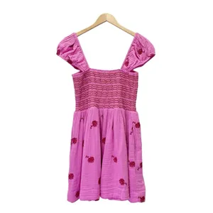 NWT Free People Tory Embroidered Mini Dress Pink Smocked Floral Boho Size Large thumbnail 3