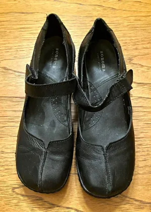Sonoma Black Leather Mary Jane Wedge Heels Hook & Loop Strap Round Toe 8.5M thumbnail 1