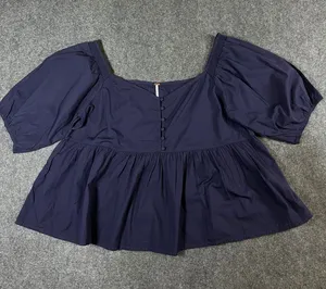 Free People Navy Blue Cotton Puff Sleeve Babydoll Blouse Top Large thumbnail 1
