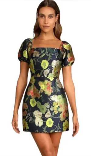 Lulus So Stunning Navy Blue Floral Jacquard Puff Sleeve Mini Dress Size Small thumbnail 1