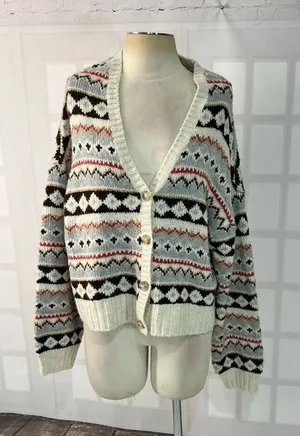 American Eagle Multicolor Knit Fair Isle V-Neck Button Up Cardigan Sweater Large thumbnail 1