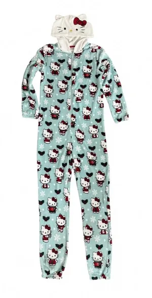 (C169) Hello Kitty Sanrio Christmas Fleece One Piece Hooded Pajamas Santa XL thumbnail 1