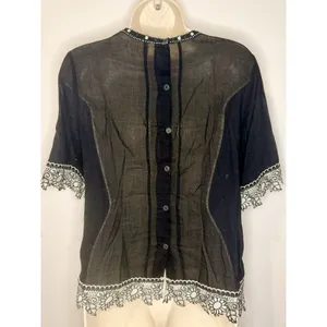 Vanessa Virginia Anthropologie 'Bonnie' Eyelet Top Black White Sheer Size 4 GUC! thumbnail 3