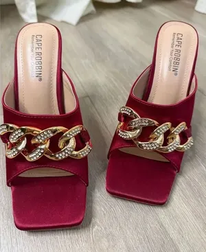 Cape Robbin Disteny Brick Red Satin Slide Mules with Gold Crystal Chain thumbnail 1