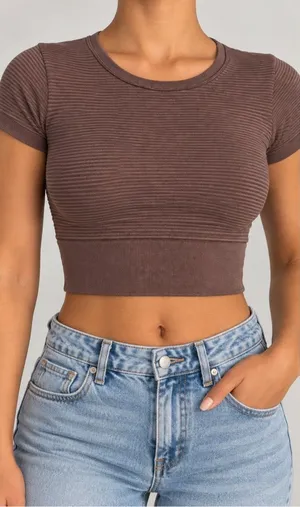 Aerie Offline XS Brown Ribbed Cropped T-Shirt Seamless Baby Tee thumbnail 1