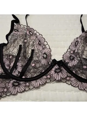 For Love and Lemons Coco Bra Unlined Floral Lace Black/Pink Bones Side Sz XL thumbnail 3