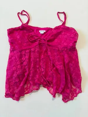 Kimchi Blue Y2K Cute Hot Pink Lace Floral Babydoll Fairy Asymmetrical Cami Top thumbnail 1