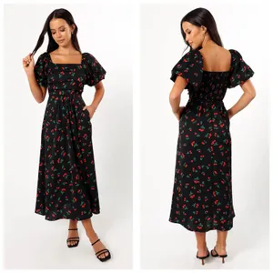 Petal & Pup Chlo Cherry Print Puff Sleeve Midi Dress Size Large Smocked Retro thumbnail 13
