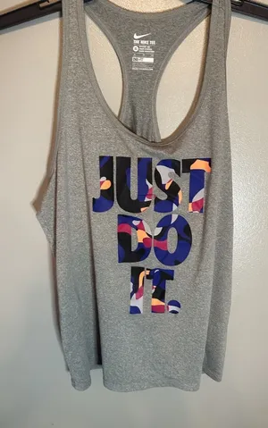 Nike‎ Womens XL Dri-FIT Racerback Tank Top Gray Just Do It Graphic Athletic Cut thumbnail 1