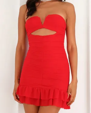 Hello Molly Blossoming Romance Strapless Ruched Cutout Mini Dress Red 6 thumbnail 1
