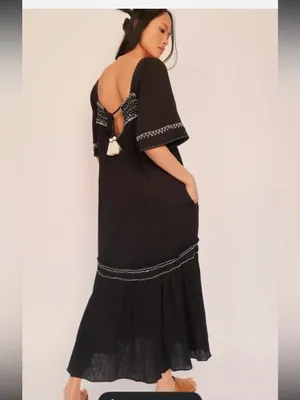 Free People Maxi Dress I'm The One Smocked Easy Fit Ruffle Black sz L thumbnail 2