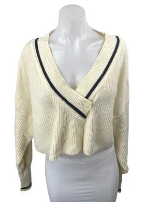 Oak + Fort Cream Rib Chunky Knit V-neck Long Sleeve Crop Cardigan Sweater Top M thumbnail 1