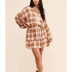 Free People Women Dress XS Brown Plaid Balloon Sleeve Mini Shirt Dress thumbnail 2
