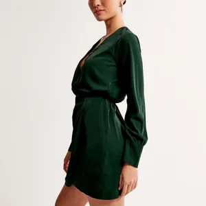 Abercrombie & Fitch Long-Sleeve Draped Mini Dress Dark Green thumbnail 4
