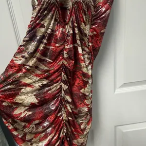 Red Patterned Ruched Mini Dress with Embellished Halter Neck thumbnail 5