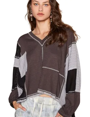 POL Patchwork Thermal Top Small Oversized Cropped Raw Hem Colorblock Boho thumbnail 1