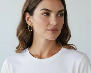 Gold Metallic Bow Hoop Statement Earrings – Boutique Style thumbnail 1