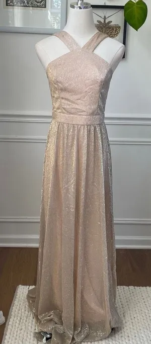 Lulus Metallic Gold Halter Grecian Neck Flowing Chiffon Formal Gown Dress S thumbnail 1