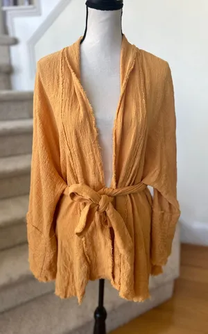 Urban Mango Boho Light Orange Raw Hem Embroidered Tie Waist Kimono thumbnail 1