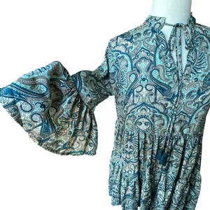 Paani Teal Paisley Tiered Babydoll Dress Flowy‎ Vneck Tassle High Waisted Flowy thumbnail 12