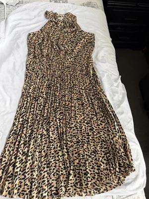 Sleeveless Pleated Leopard Midi Dress in Tan and Black thumbnail 1