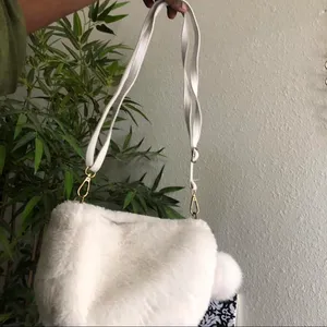 White Faux Fur Pom Pom Shoulder Crossbody Adjustable Strap Bag Purse Y2K 2000s Coquette Rave Festival Approx 10.5” wide x 7.5” Tall thumbnail 2