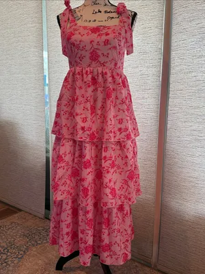 Wenrine Woman’s Tiered Summer Pink Floral Maxi Dress with Tie Straps thumbnail 3