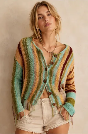 Free People Women’s Baja Cardigan Brandy Brook Combo Striped Knit Button Up XS thumbnail 1