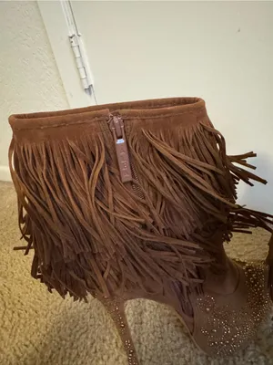 Alba Brown Camel Suede Fringe Boots Gold Studded Platform Stiletto Heel Size 7.5 thumbnail 6