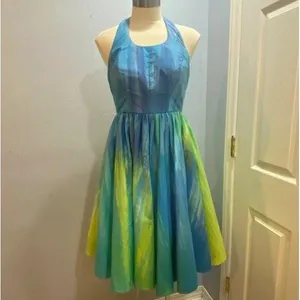Vintage‎ Handmade Halter Dress Blue Green Watercolor Fit and Flare Fairy Dress 4 thumbnail 9