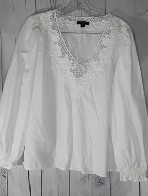 J.Crew Boho V-Neck Long Sleeve Top With Eyelet Floral Trim 100% Cotton thumbnail 1