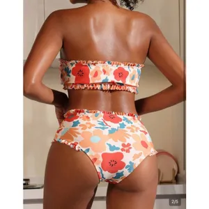 SHEIN Swimsuit‎ Flower Print Knotted Front Bandeau Bikini Set, High Waist Sz S thumbnail 3