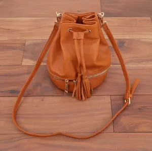 Cognac Brown Faux Leather Drawstring Bucket Bag Tassel Crossbody Zipper Bottom thumbnail 1