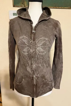 Sledge USA Zip Up Hoodie Women M Brown Studded Y2K Grunge Cyber Goth Wings thumbnail 1
