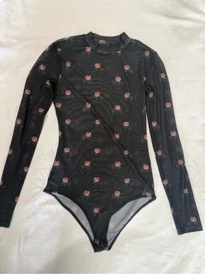 Bershka Black Long-Sleeve Floral Mesh Bodysuit thumbnail 2