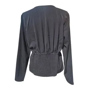 Abercrombie & Fitch Womens Black Twist Front V-Neck Long Sleeve Smocked Blouse L thumbnail 6