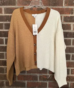 NWT True Craft Plus Size Tan & White Colorblock Button Front Sweater Cardigan thumbnail 1