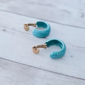 Vintage Clip On Earrings Light Blue Retro Chunky Hoops 0.75" thumbnail 6