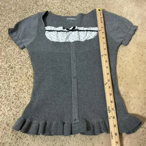 Hyperbees Ribbed Peplum Dark Academia Top Polka‎ Dot Ruffle Bow Square Neck S thumbnail 5