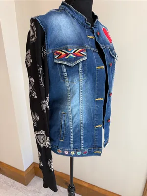 Ay Guey! Embroidered Wearable Art Denim Jacket Mexican Unique Boho SIze M thumbnail 2