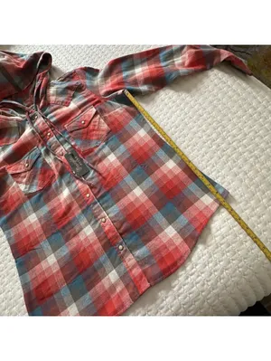 Wrangler Retro Hooded Plaid Western Shirt Snap Front Flannel Hoodie Red L Large thumbnail 3
